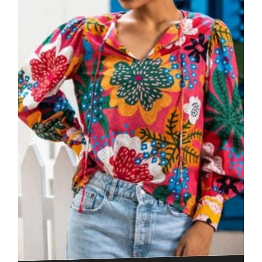 Emily‎ Lovelock Shirley Blouse Pink Floral Eyelet Puff Sleeve Top Small